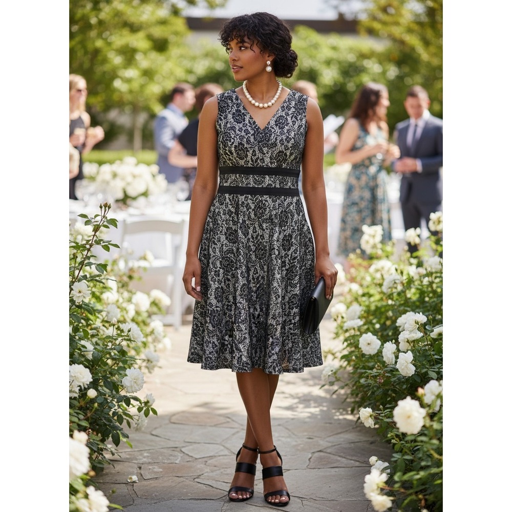 AA Studio Floral Lace Dress Sz 14 Black White V-Neck Fit & Flare